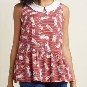 Modcloth Corgi Dog Print Dotted Peplum Top